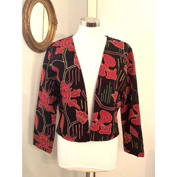 Women’s M Black Red Floral Jacket Embroidered Open Front Art to Wear Black boho - Picture 13 of 13